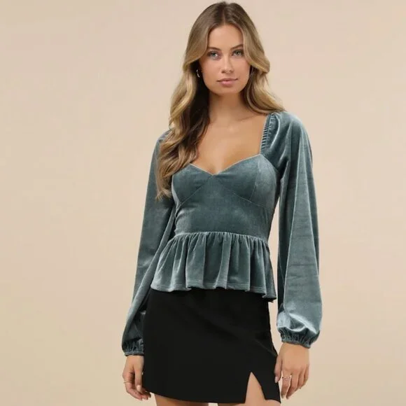 Lulus Marvelously Sweet Sage Blue Velvet Long Sleeve Peplum Top XS NWT - Picture 1 of 3